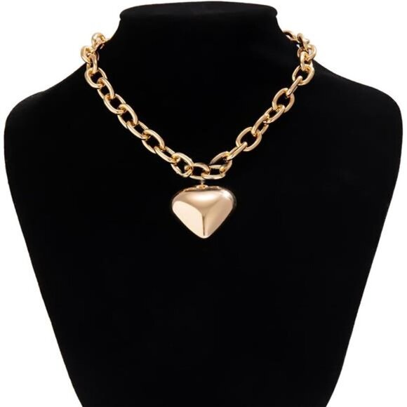 Chunky Heart Necklace Statement Necklace with Big Puffy Heart Gold Tone - Picture 3 of 11